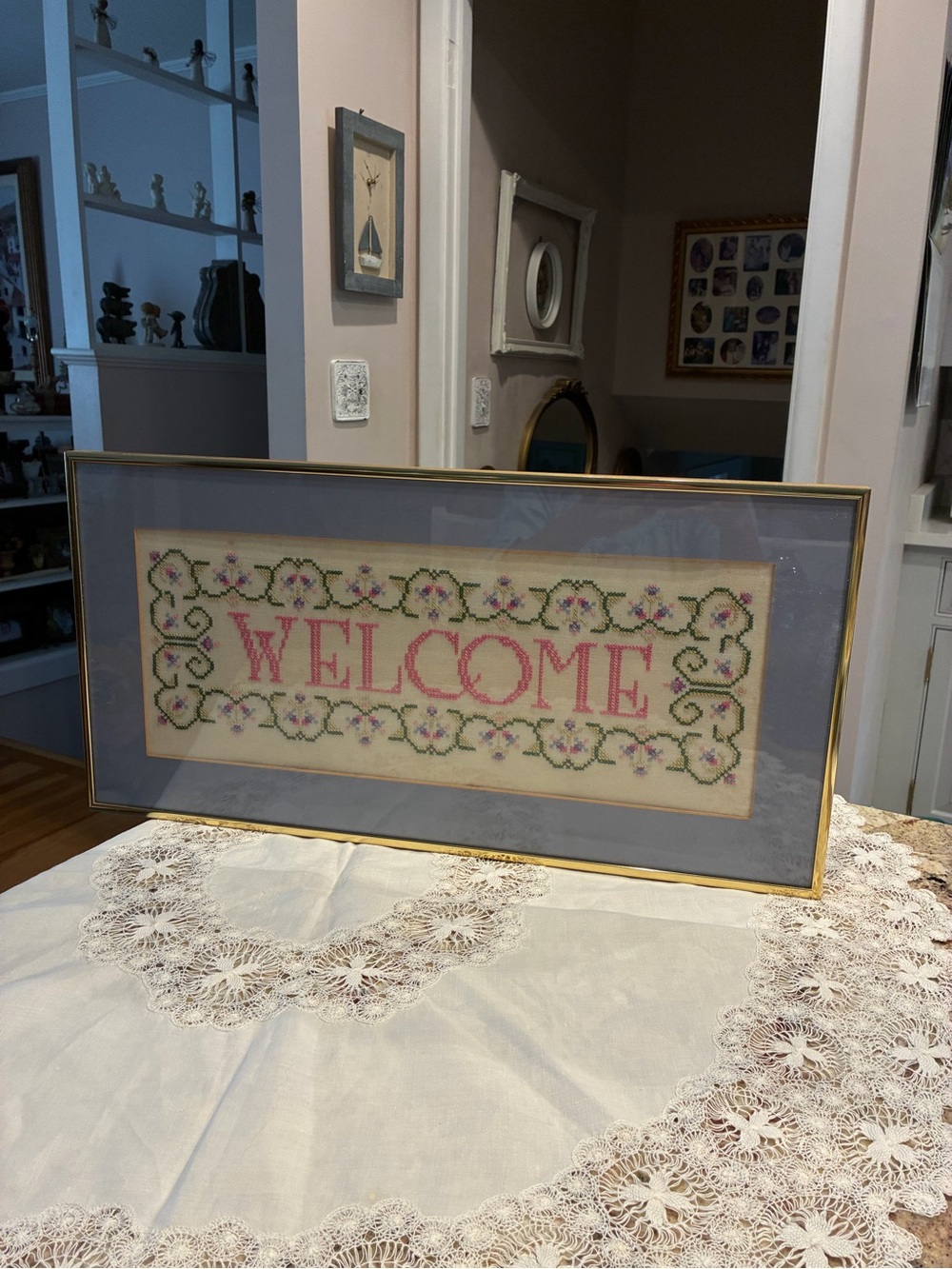 Vintage Framed Pink "WELCOME" Cross-Stitch Wall Accent